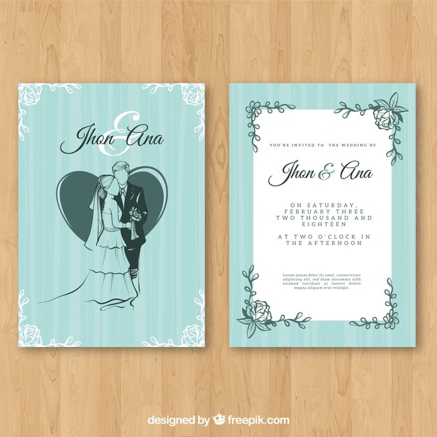 Invitación de boda con ornamentos florales y pareja