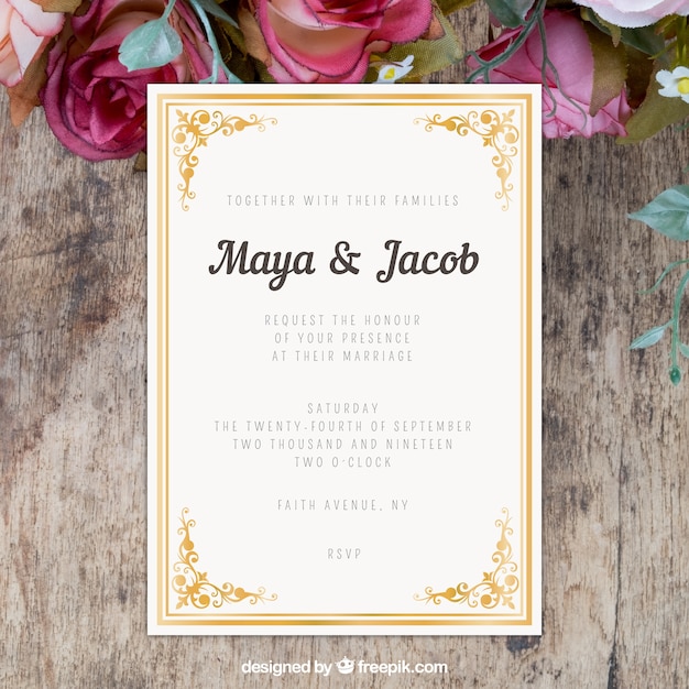 Invitación de boda con ornamentos planos