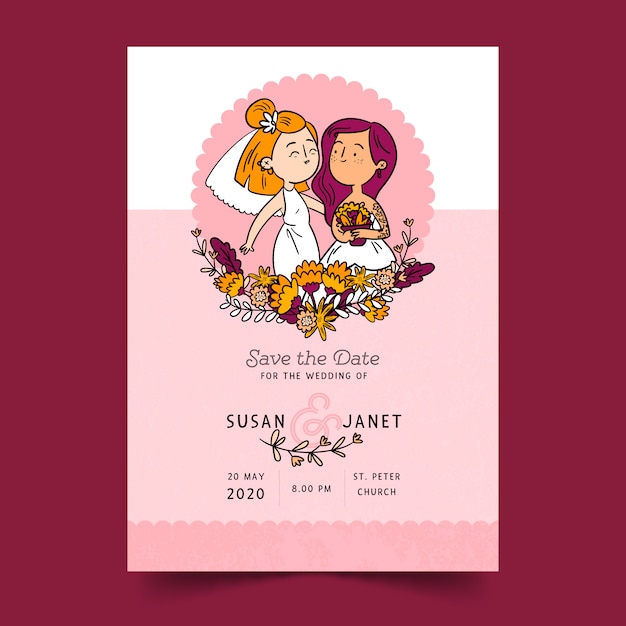 Invitación de boda con pareja de dibujos animados