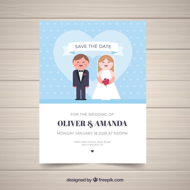 Invitación de boda con pareja en estilo plano
