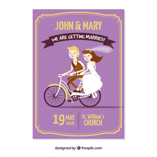 Invitación de boda con pareja montando en bicicleta