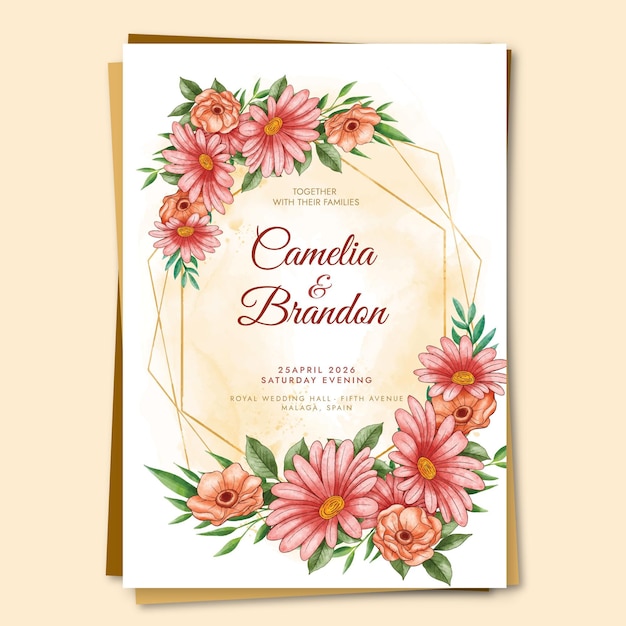 Invitación de boda pintada a mano con detalles dorados.