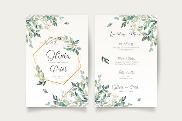 Invitación de boda y plantilla de menú con hermosas hojas