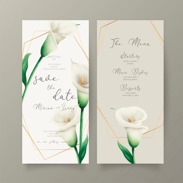 Invitación de boda y plantilla de menú con lirios blancos