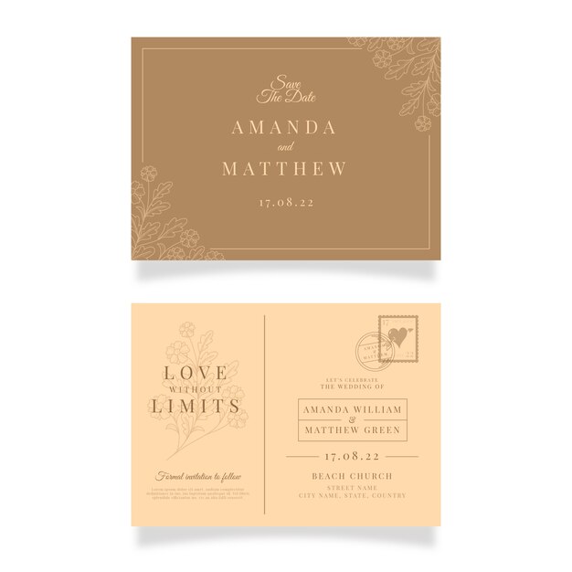 Invitación de boda postal dibujada a mano