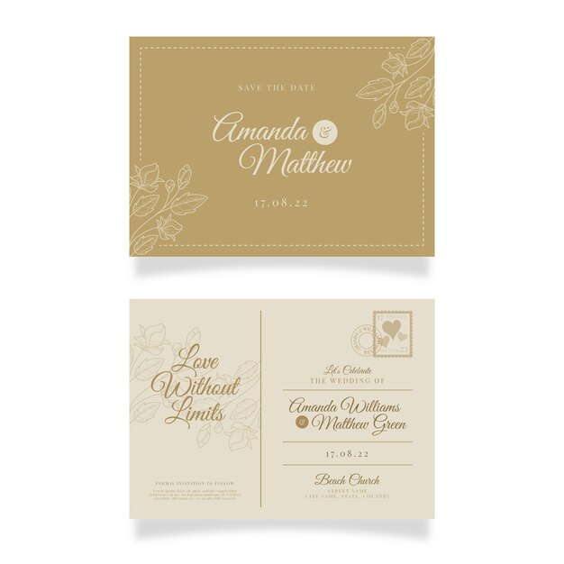 Invitación de boda postal dibujada a mano