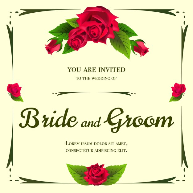 Invitación de boda con ramo de rosas sobre fondo amarillo.