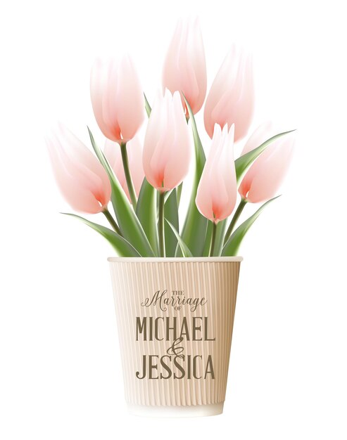 Invitación de boda con ramo de tulipanes dentro de vaso de papel