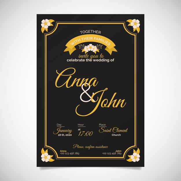 Invitación de boda retro con detalles dorados
