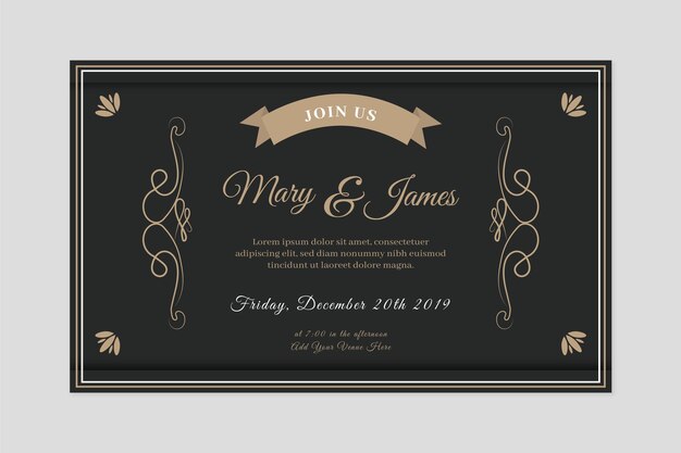 Invitación de boda retro en tonos negros