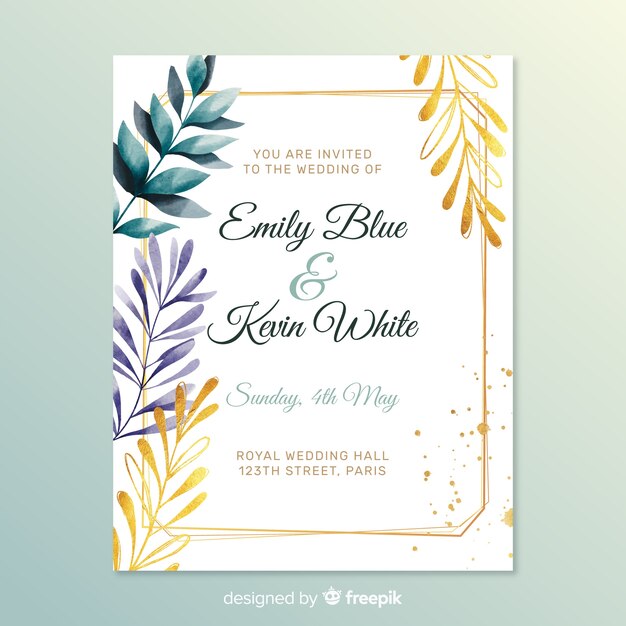 Invitación de boda romántica con hojas