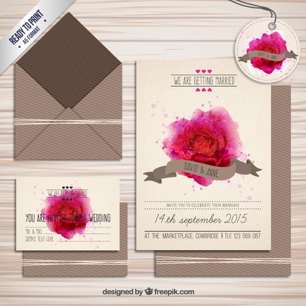 Vector gratuito invitación de boda con rosa de acuarela