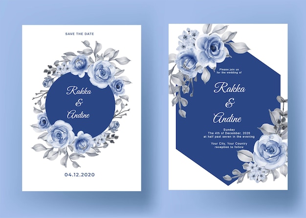 Vector gratuito invitación de boda con rosa y hoja azul marino