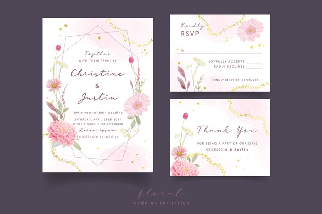 Invitación de boda con rosas acuarelas, dalia y flores de gerbera
