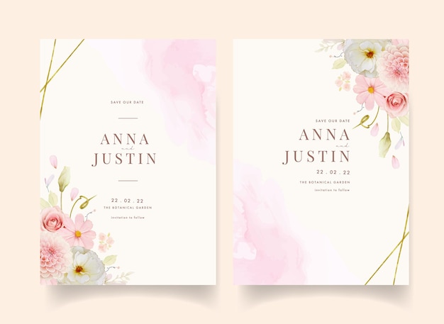 Invitación de boda con rosas acuarelas y dalia rosa