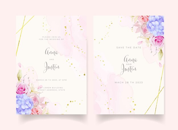 Invitación de boda con rosas acuarelas y flor de hortensia azul