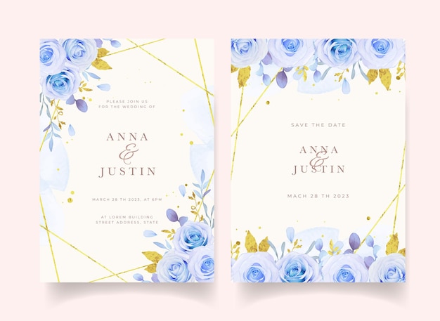 Invitación de boda con rosas azules acuarelas