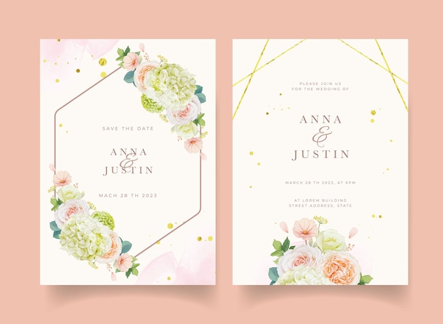 Vector gratuito invitación de boda con rosas melocotón acuarela y flor de hortensia