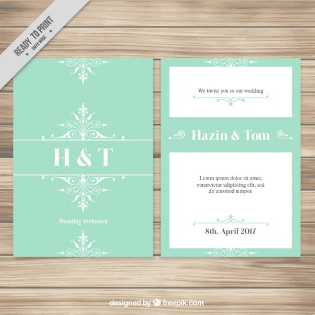 Invitación de boda verde con ornamentos dibujados a mano