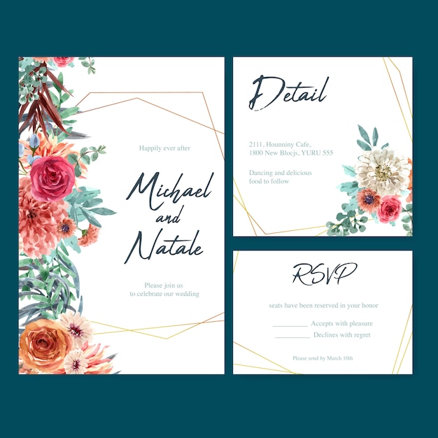 Invitación de boda con vintage floral, acuarela creativa dalia y rosa ilustración.