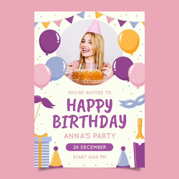 Invitación para la celebración del cumpleaños de diseño plano