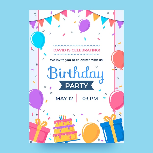 Vector gratuito invitación para la celebración del cumpleaños de diseño plano