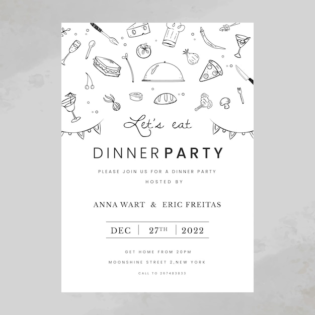 Invitación cena plana dibujada a mano