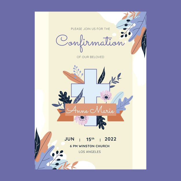 Invitación de confirmación sagrada de diseño plano dibujado a mano