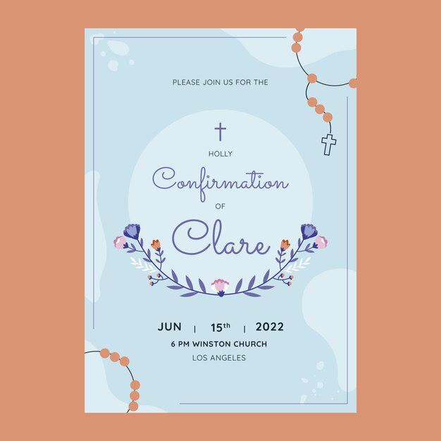 Invitación de confirmación sagrada de diseño plano dibujado a mano