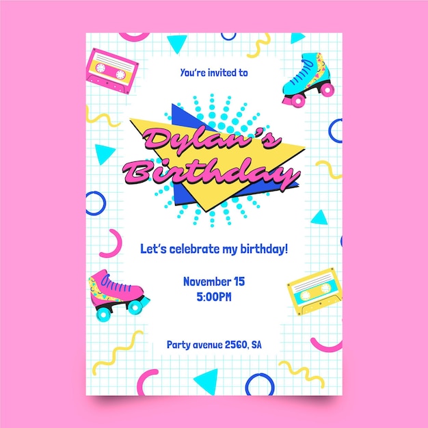 Vector gratuito invitación de cumpleaños de los 90 dibujada a mano