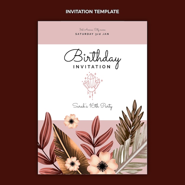 Invitación de cumpleaños de acuarela boho