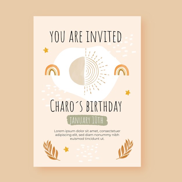 Invitación de cumpleaños de acuarela boho