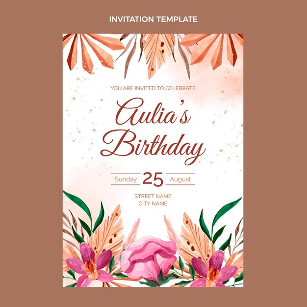 Invitación de cumpleaños de acuarela boho