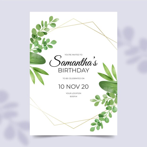 Invitación de cumpleaños con adornos de hojas