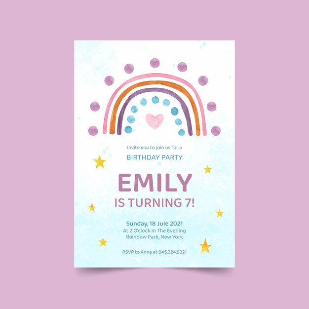 Invitación de cumpleaños arco iris acuarela pintada a mano