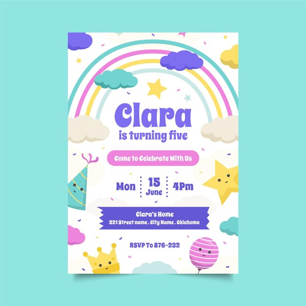 Invitación de cumpleaños de arco iris de colores planos