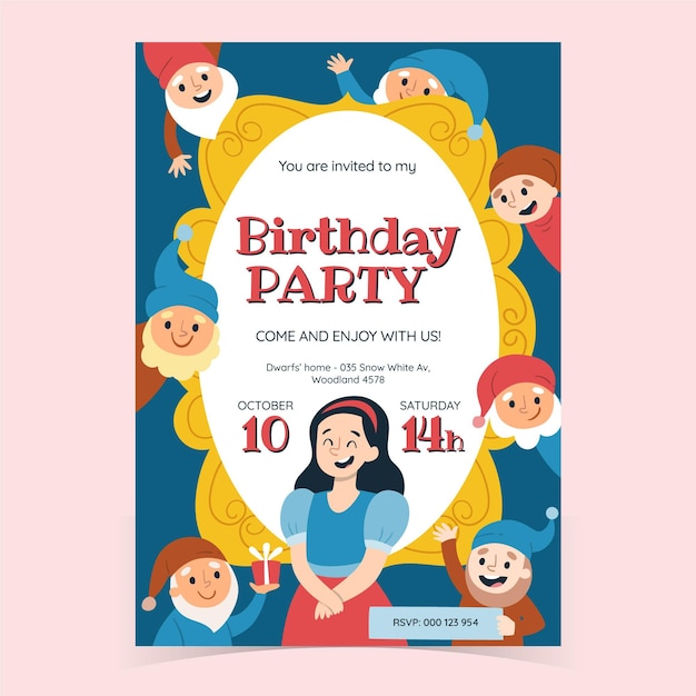 Invitación de cumpleaños blanca nieves dibujada a mano