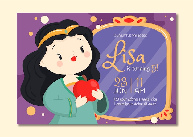 Invitación de cumpleaños de blancanieves de dibujos animados