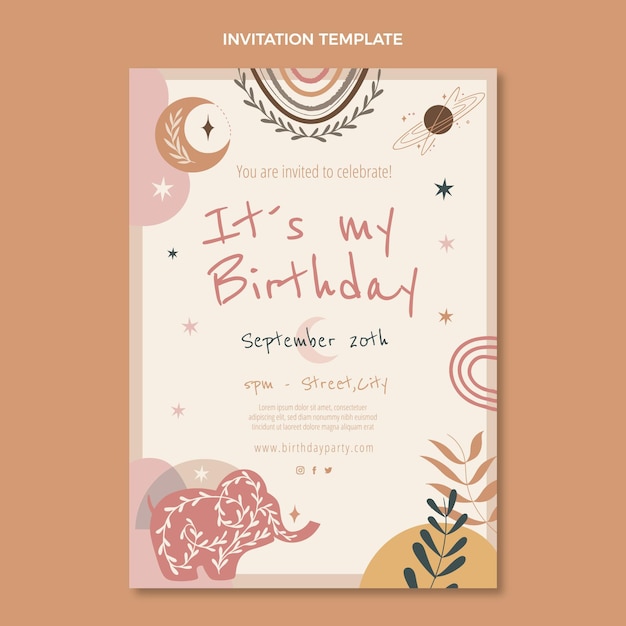 Vector gratuito invitación de cumpleaños boho dibujada a mano con dibujo