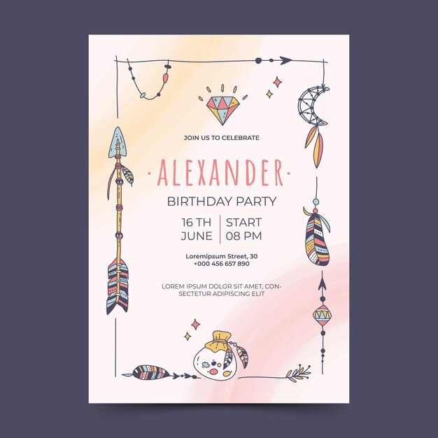 Invitación de cumpleaños boho dibujada a mano