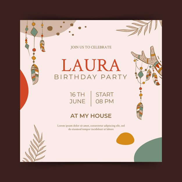 Invitación de cumpleaños boho dibujada a mano