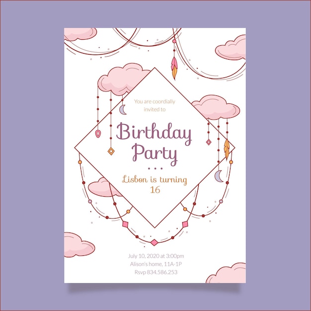 Invitación de cumpleaños boho dibujada a mano