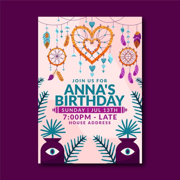 Invitación de cumpleaños boho dibujada a mano