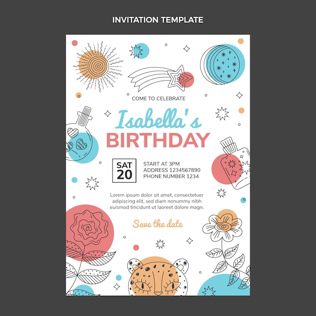 Vector gratuito invitación de cumpleaños boho dibujada a mano