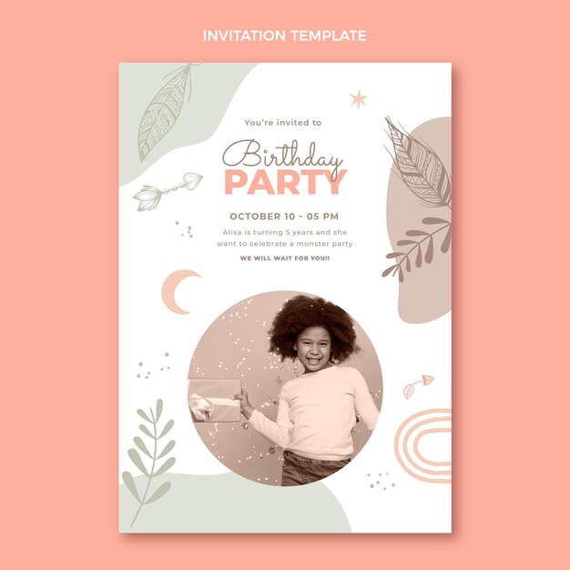 Invitación de cumpleaños boho dibujada a mano