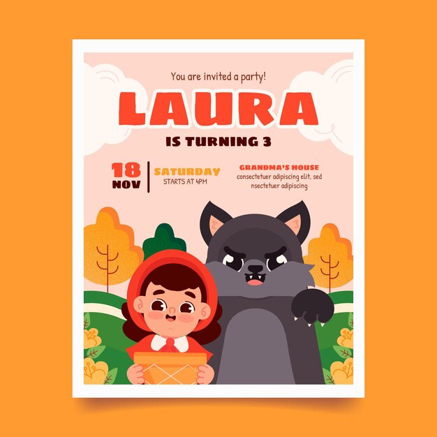 Invitación de cumpleaños de caperucita roja plana