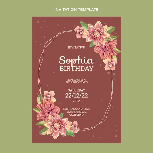 Invitación de cumpleaños dibujada a mano en acuarela