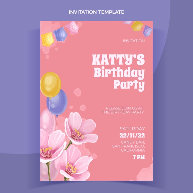 Vector gratuito invitación de cumpleaños dibujada a mano en acuarela