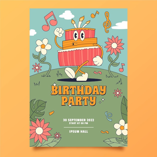 Vector gratuito invitación de cumpleaños de dibujos animados de moda dibujada a mano