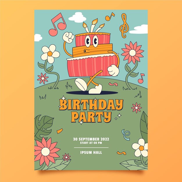 Invitación de cumpleaños de dibujos animados de moda dibujada a mano